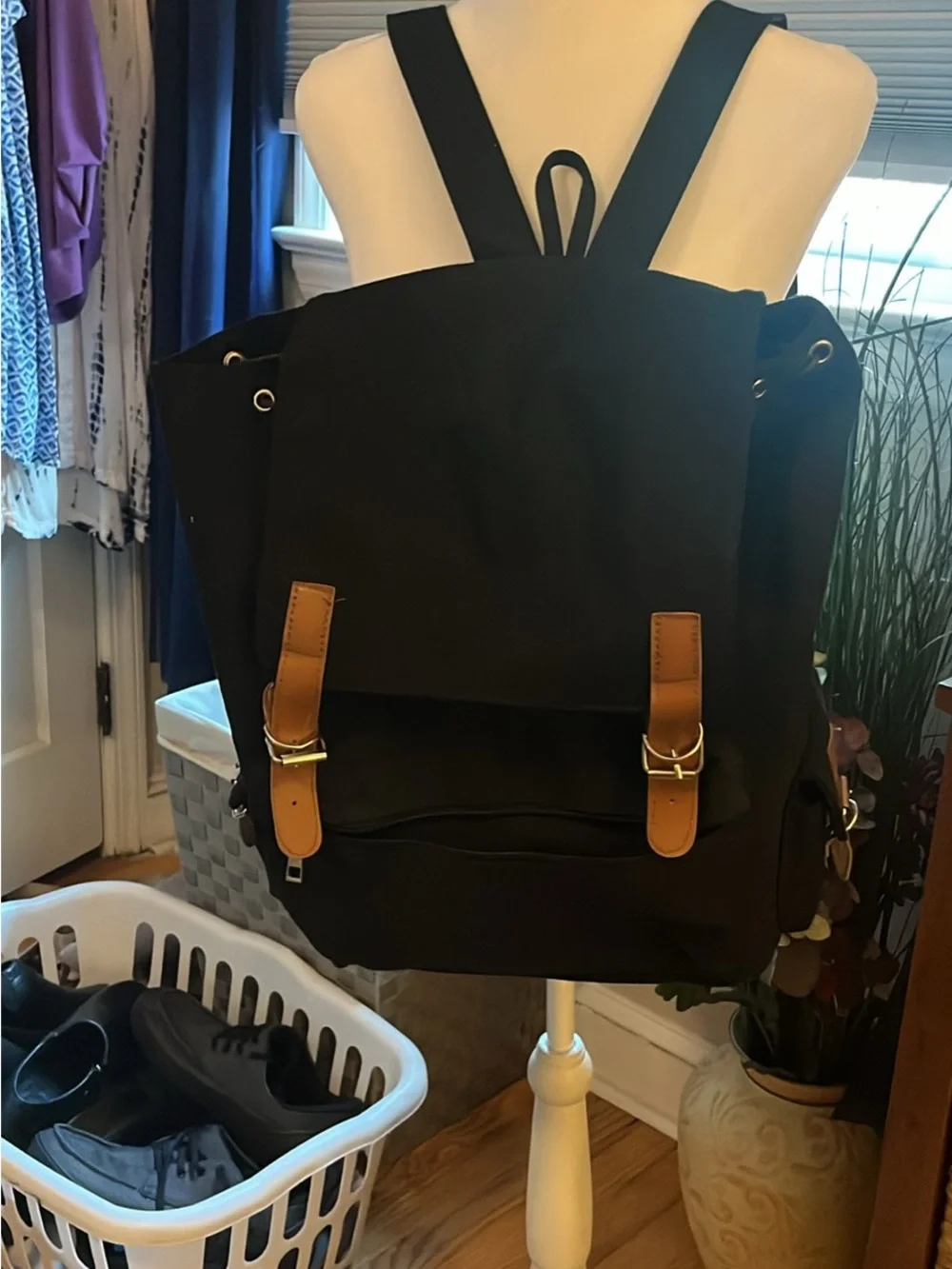 Men's Black Canvas Backpack with Tan Trim